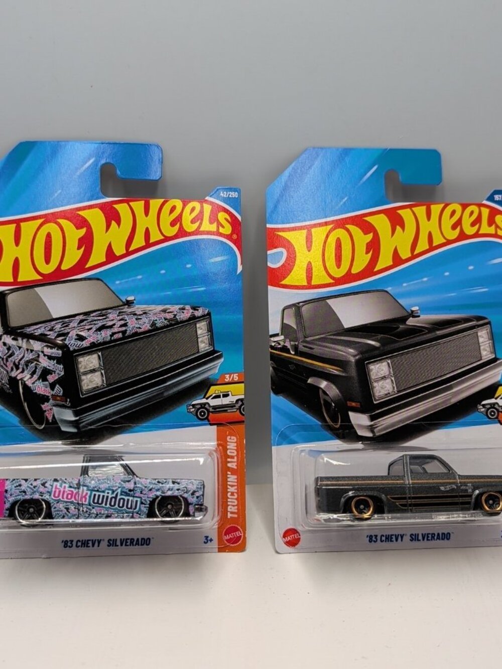 Hot Wheels '83 Chevy Silverado Black & Black Widow Long Card Truckin Hot Trucks